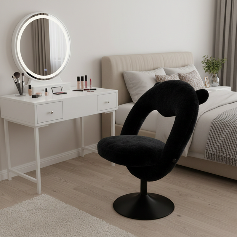 Contemporary Nordic Foldable Cartoon Bear Teddy Fleece Sponge Carbon Steel Liftable Vanity Stool Backrest For Bedroom