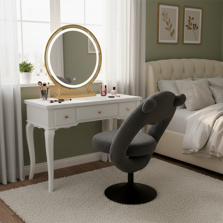 Contemporary Nordic Foldable Cartoon Bear Teddy Fleece Sponge Carbon Steel Liftable Vanity Stool Backrest For Bedroom