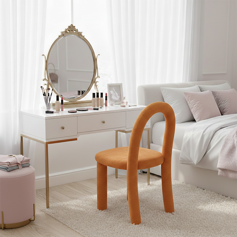Contemporary Nordic Rounded Arc Sherpa Fabric &amp; Brushed Flannel Iron Vanity Stool Backrest Armless For Bedroom