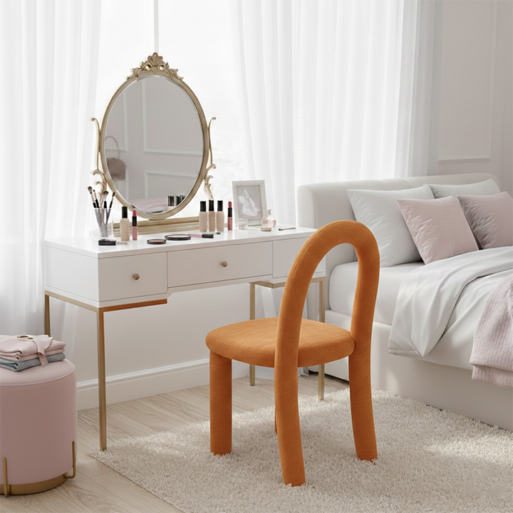 Contemporary Nordic Rounded Arc Sherpa Fabric &amp; Brushed Flannel Iron Vanity Stool Backrest Armless For Bedroom