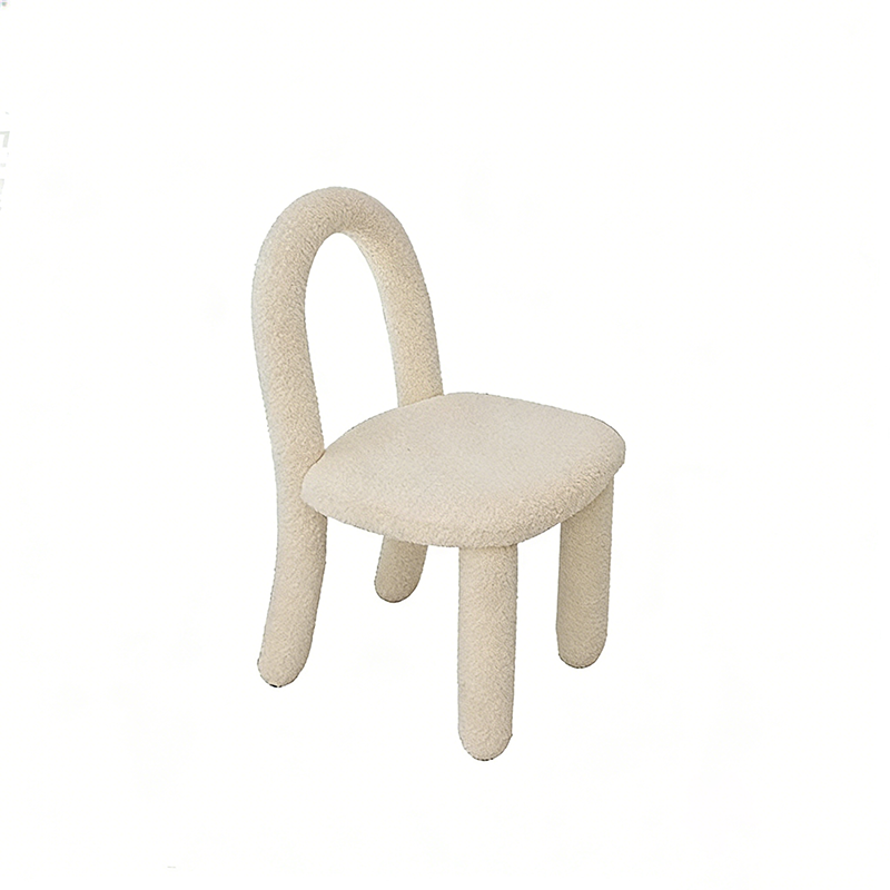 Contemporary Nordic Rounded Arc Sherpa Fabric &amp; Brushed Flannel Iron Vanity Stool Backrest Armless For Bedroom