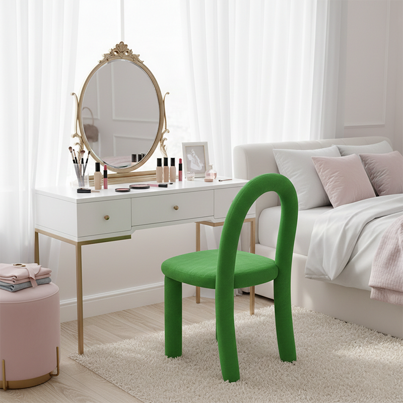 Contemporary Nordic Rounded Arc Sherpa Fabric &amp; Brushed Flannel Iron Vanity Stool Backrest Armless For Bedroom