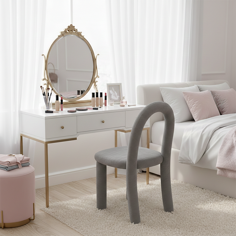 Contemporary Nordic Rounded Arc Sherpa Fabric &amp; Brushed Flannel Iron Vanity Stool Backrest Armless For Bedroom