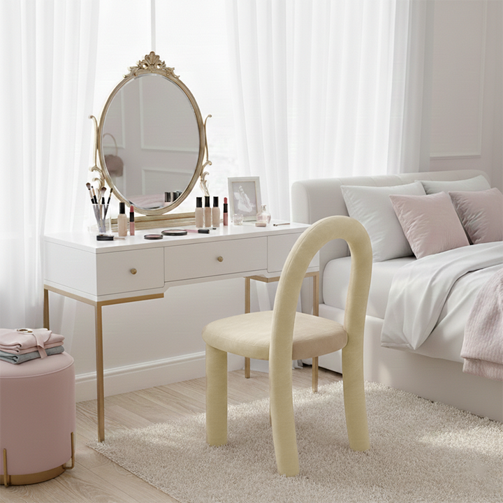 Contemporary Nordic Rounded Arc Sherpa Fabric &amp; Brushed Flannel Iron Vanity Stool Backrest Armless For Bedroom
