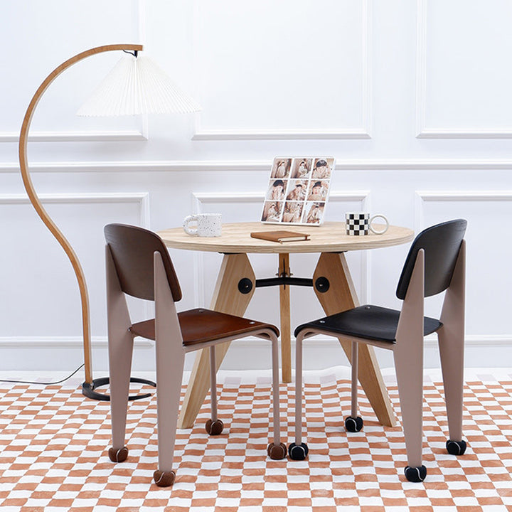Contemporary Creative Geometric Oak Plywood Carbon Steel Dining Chair Backrest Armless For Dining Room