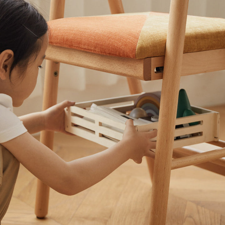 Traditioneller französischer trapezförmiger Kinder-Schreibtischstuhl aus Buchenholz-Kiefernbrett mit Baumwoll-Leinen-Imitatstoff und Schwamm, verstellbar, für das Lernen 