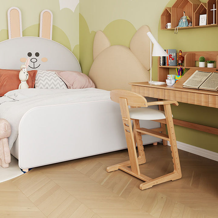 Moderner minimalistischer Kinder-Esszimmerstuhl aus Gummibaumholz mit PU-Leder in geometrischer Form, Rückenlehne und Armlehne für das Esszimmer 