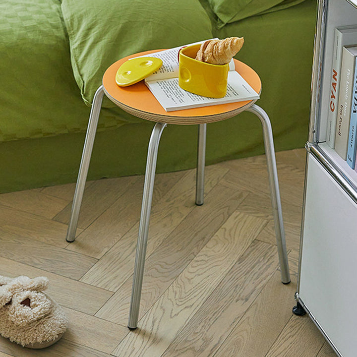 Contemporary Industrial Round Solid Wood Plywood Veneer Stainless Steel Stackable Dining Chair Backless Armless For Dining Room