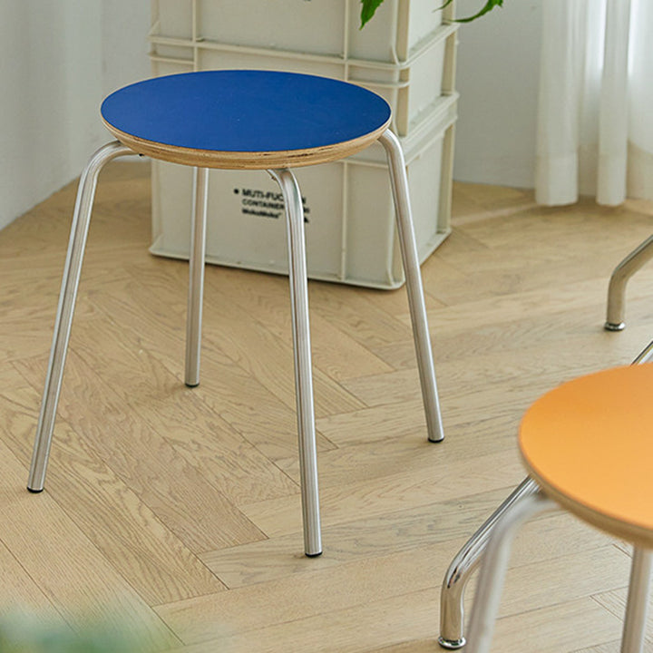 Contemporary Industrial Round Solid Wood Plywood Veneer Stainless Steel Stackable Dining Chair Backless Armless For Dining Room