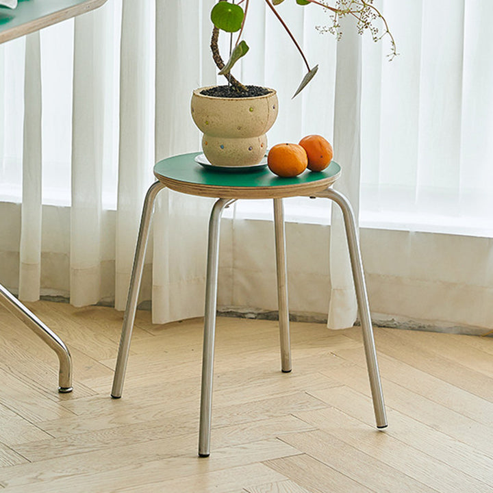 Contemporary Industrial Round Solid Wood Plywood Veneer Stainless Steel Stackable Dining Chair Backless Armless For Dining Room