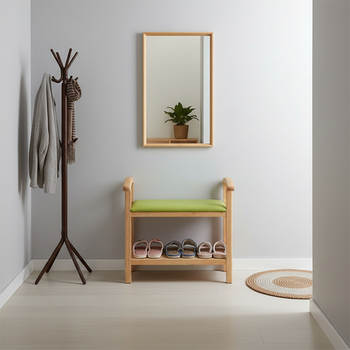 Traditional Japanese Rectangular Rubberwood Solid Wood Plywood PU Leather Shoe Bench Backless Armrest For Entryway &amp; Hallway