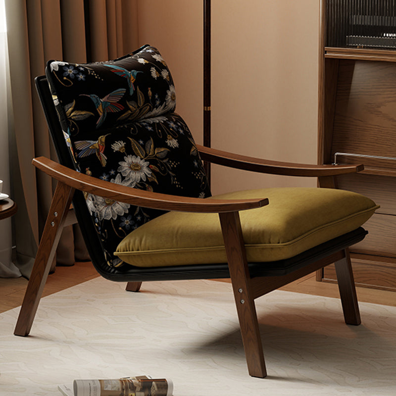 Contemporáneo Escandinavo Rectangular Hierro Madera de Caucho Cuero Ecológico Silla de Acento de Terciopelo Respaldo Reposabrazos Para Sala de Estar 