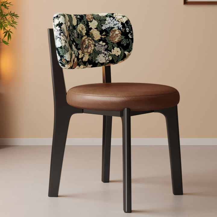 Traditional French Arc Round Rubberwood Plywood Faux Oil Wax Leather Corduroy Linen Cotton Dining Chair Backrest Armless For Dining Room