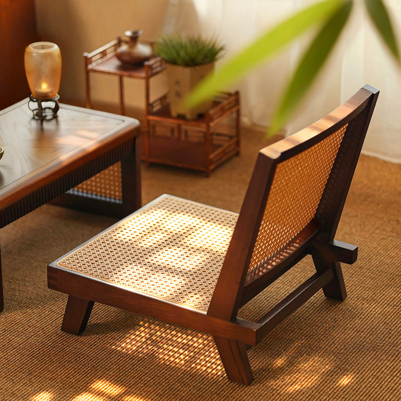 Traditional Rustic Rectangular Rubberwood Faux Rattan Weaving Lightweight Ergonomic Design Low Stool Backrest For Living Room