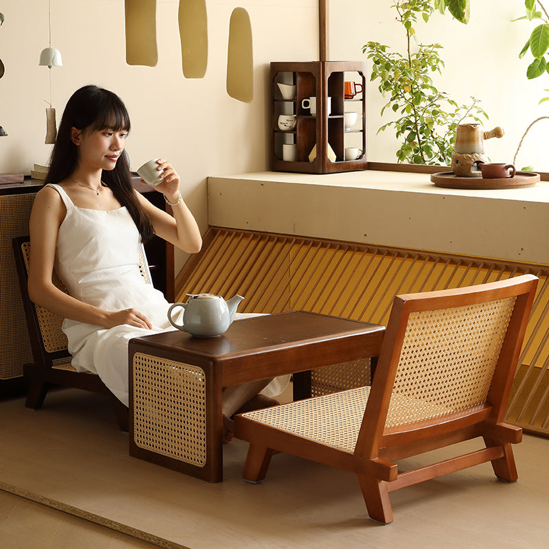 Traditional Rustic Rectangular Rubberwood Faux Rattan Weaving Lightweight Ergonomic Design Low Stool Backrest For Living Room