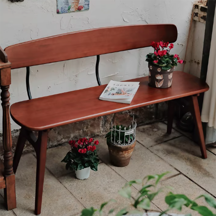 Moderne ovale Sitzbank im Mid-Century-Stil aus Kautschukholz und Karbonstahl mit bequemer Rückenlehne, ohne Armlehnen, für Esszimmer &amp; Eingangsbereich 