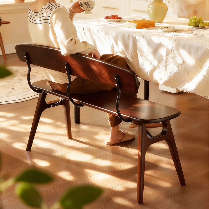 Moderne ovale Sitzbank im Mid-Century-Stil aus Kautschukholz und Karbonstahl mit bequemer Rückenlehne, ohne Armlehnen, für Esszimmer &amp; Eingangsbereich 