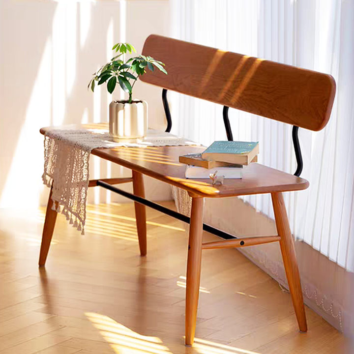 Modern Mid-Century Oval Rubberwood Carbon Steel Comfortable Bench Backrest Armless For Dining Room & Entryway