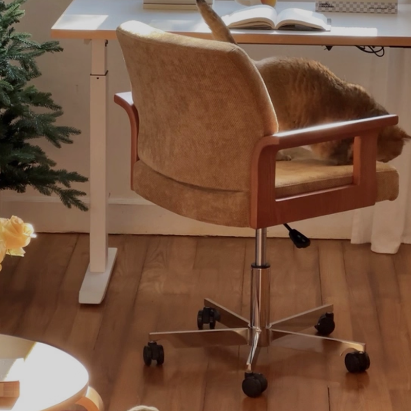 Chaise de bureau contemporaine scandinave en bois massif, contreplaqué, chenille et acier inoxydable, carrée, relevable et pivotante, avec dossier et accoudoirs, pour la maison et le bureau 