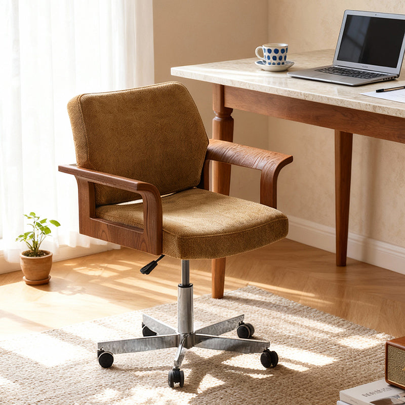 Chaise de bureau contemporaine scandinave en bois massif, contreplaqué, chenille et acier inoxydable, carrée, relevable et pivotante, avec dossier et accoudoirs, pour la maison et le bureau 