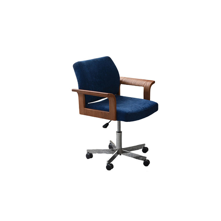Chaise de bureau contemporaine scandinave en bois massif, contreplaqué, chenille et acier inoxydable, carrée, relevable et pivotante, avec dossier et accoudoirs, pour la maison et le bureau 