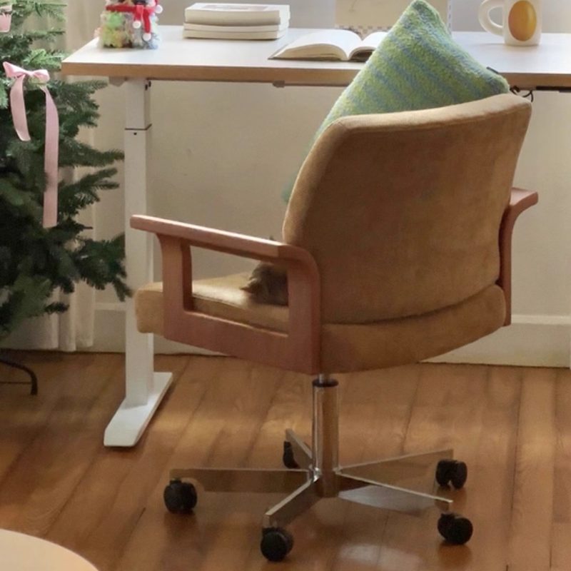 Chaise de bureau contemporaine scandinave en bois massif, contreplaqué, chenille et acier inoxydable, carrée, relevable et pivotante, avec dossier et accoudoirs, pour la maison et le bureau 