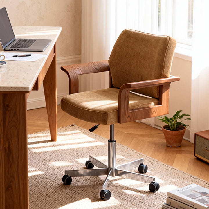 Chaise de bureau contemporaine scandinave en bois massif, contreplaqué, chenille et acier inoxydable, carrée, relevable et pivotante, avec dossier et accoudoirs, pour la maison et le bureau 
