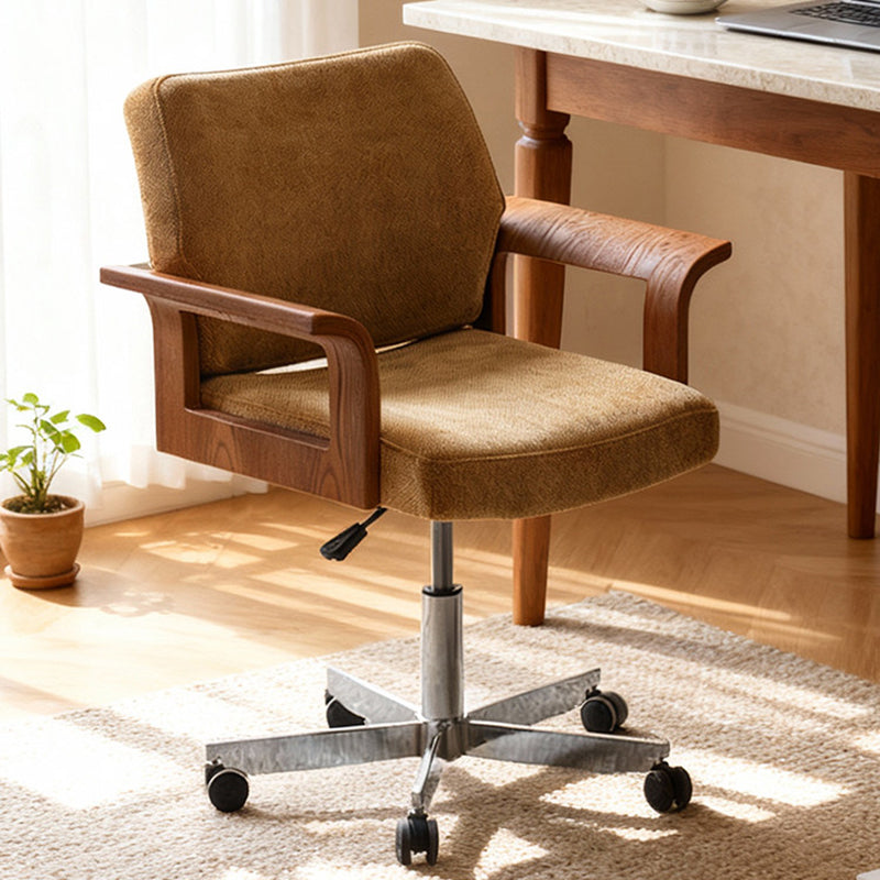 Chaise de bureau contemporaine scandinave en bois massif, contreplaqué, chenille et acier inoxydable, carrée, relevable et pivotante, avec dossier et accoudoirs, pour la maison et le bureau 