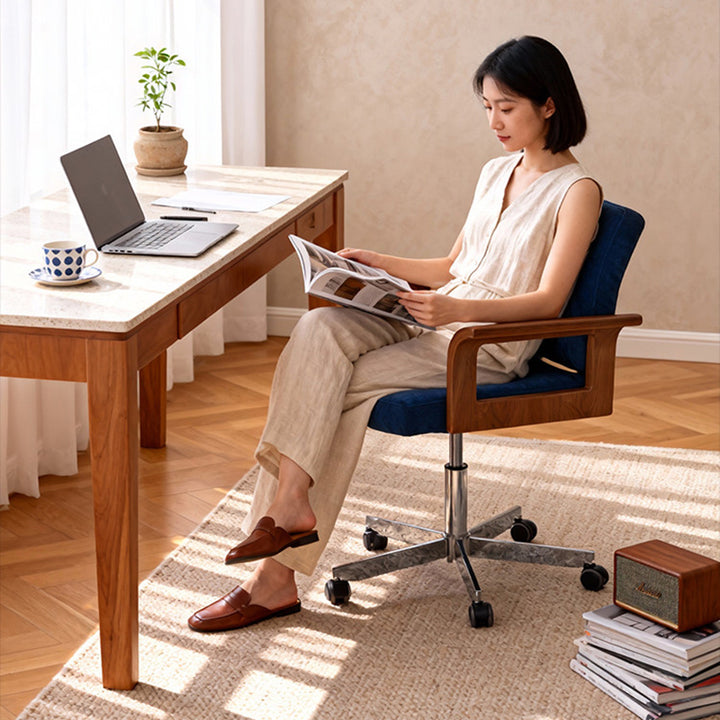 Chaise de bureau contemporaine scandinave en bois massif, contreplaqué, chenille et acier inoxydable, carrée, relevable et pivotante, avec dossier et accoudoirs, pour la maison et le bureau 