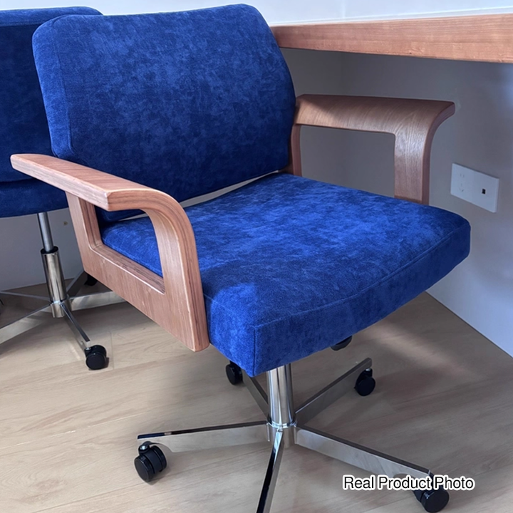 Chaise de bureau contemporaine scandinave en bois massif, contreplaqué, chenille et acier inoxydable, carrée, relevable et pivotante, avec dossier et accoudoirs, pour la maison et le bureau 