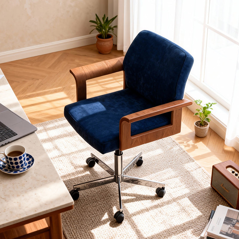 Chaise de bureau contemporaine scandinave en bois massif, contreplaqué, chenille et acier inoxydable, carrée, relevable et pivotante, avec dossier et accoudoirs, pour la maison et le bureau 