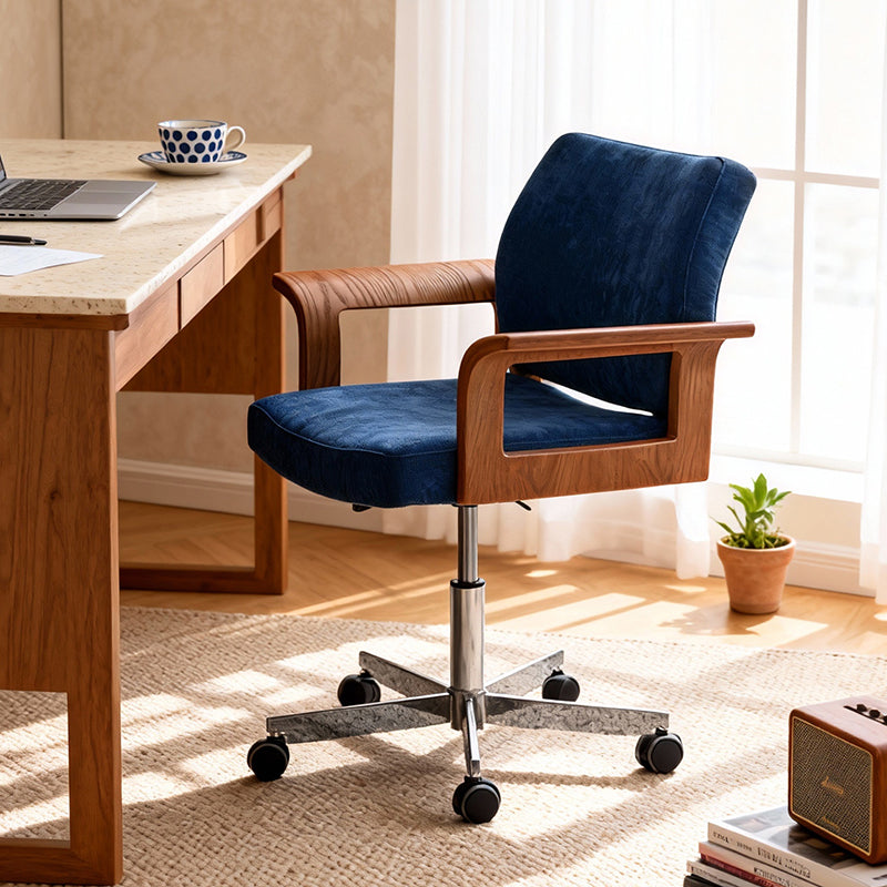 Chaise de bureau contemporaine scandinave en bois massif, contreplaqué, chenille et acier inoxydable, carrée, relevable et pivotante, avec dossier et accoudoirs, pour la maison et le bureau 