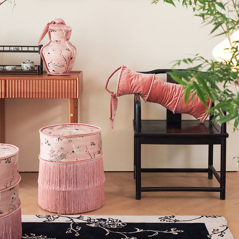 Tabouret de coiffeuse sans dossier ni accoudoirs en bois massif, velours imprimé cylindrique chinois traditionnel, cuir PU, pour chambre à coucher 