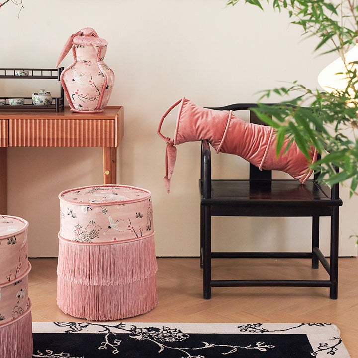 Tabouret de coiffeuse sans dossier ni accoudoirs en bois massif, velours imprimé cylindrique chinois traditionnel, cuir PU, pour chambre à coucher 