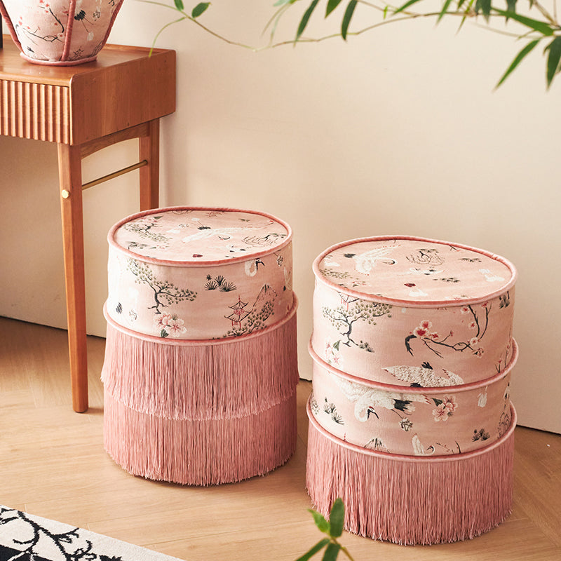 Tabouret de coiffeuse sans dossier ni accoudoirs en bois massif, velours imprimé cylindrique chinois traditionnel, cuir PU, pour chambre à coucher 