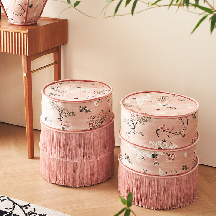 Tabouret de coiffeuse sans dossier ni accoudoirs en bois massif, velours imprimé cylindrique chinois traditionnel, cuir PU, pour chambre à coucher 