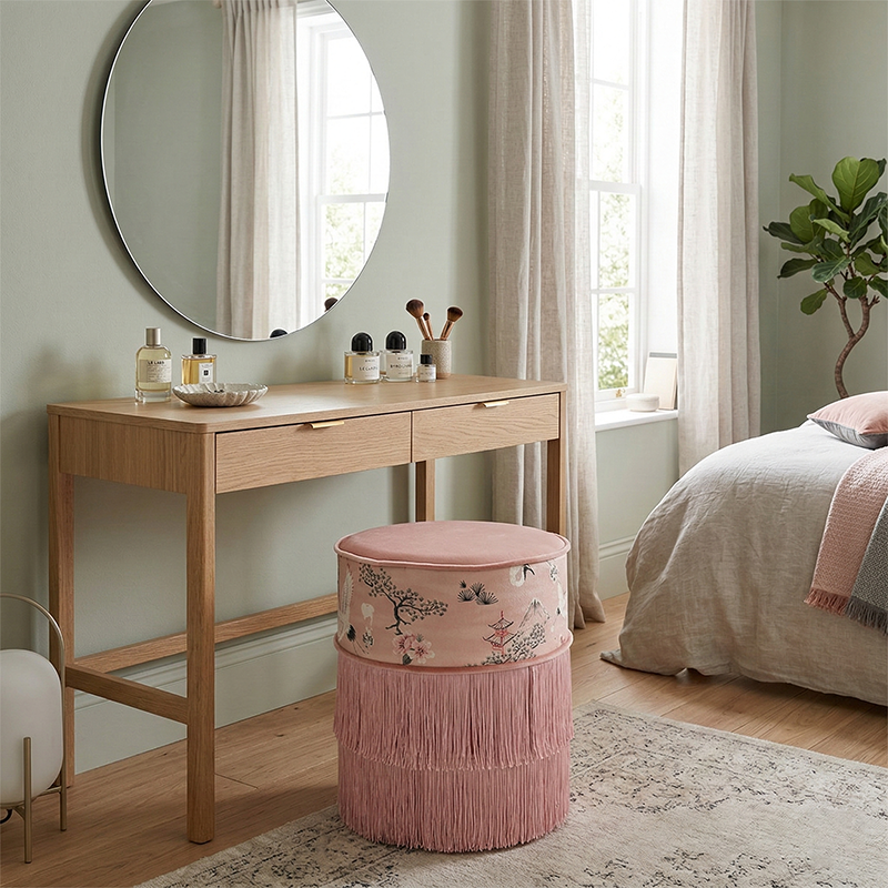 Tabouret de coiffeuse sans dossier ni accoudoirs en bois massif, velours imprimé cylindrique chinois traditionnel, cuir PU, pour chambre à coucher 