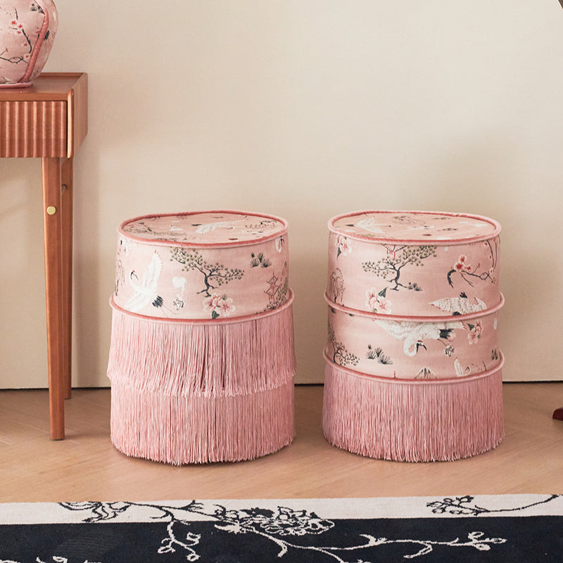 Tabouret de coiffeuse sans dossier ni accoudoirs en bois massif, velours imprimé cylindrique chinois traditionnel, cuir PU, pour chambre à coucher 