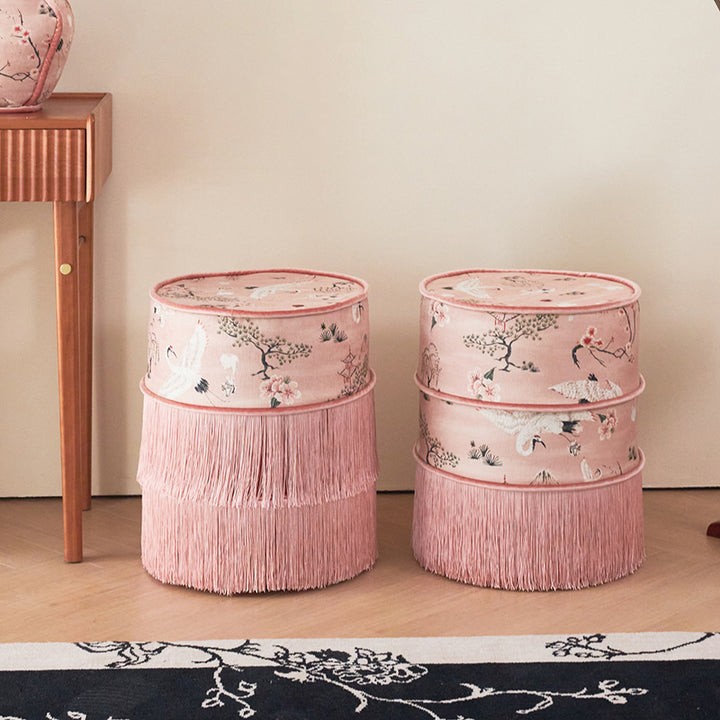 Tabouret de coiffeuse sans dossier ni accoudoirs en bois massif, velours imprimé cylindrique chinois traditionnel, cuir PU, pour chambre à coucher 