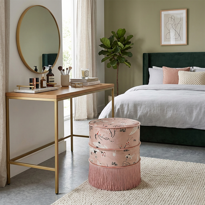 Tabouret de coiffeuse sans dossier ni accoudoirs en bois massif, velours imprimé cylindrique chinois traditionnel, cuir PU, pour chambre à coucher 