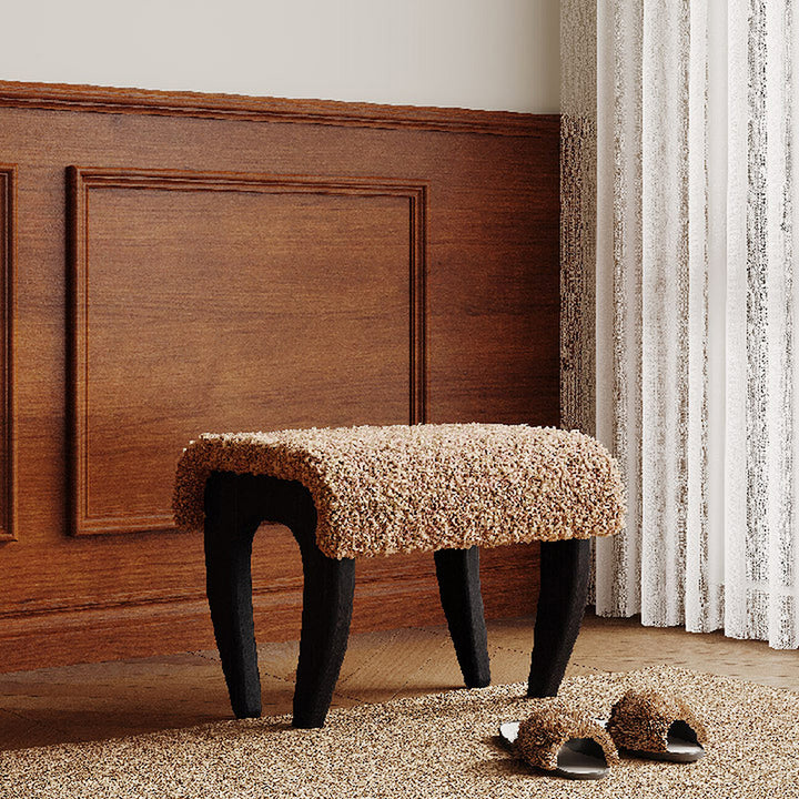 Tabouret de coiffeuse rectangulaire traditionnel français en bois massif et laine d&