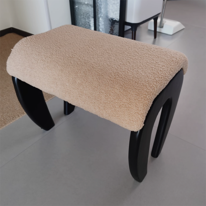 Tabouret de coiffeuse rectangulaire traditionnel français en bois massif et laine d&