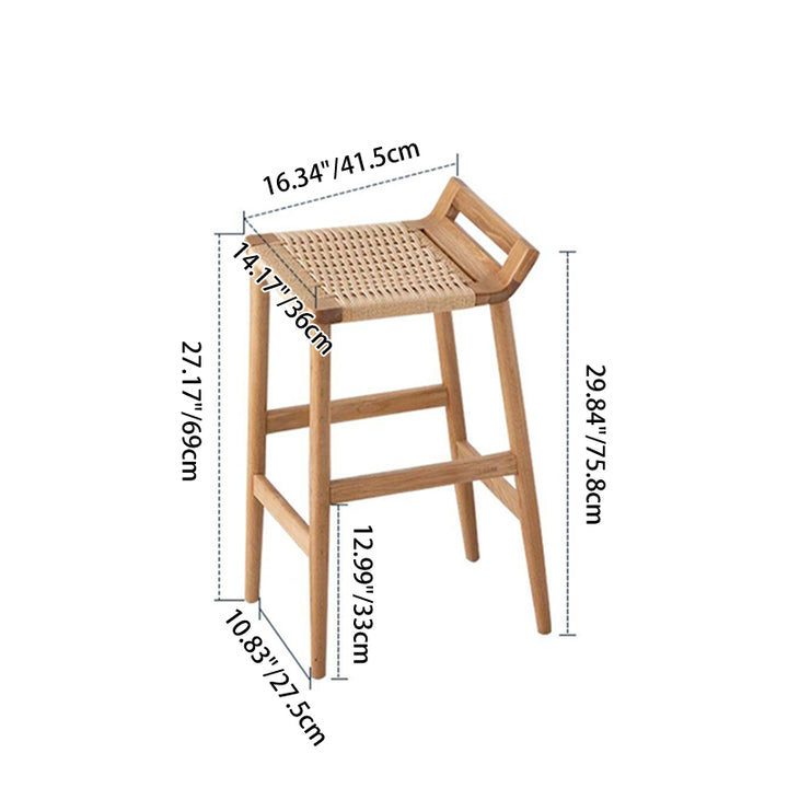 Traditional Japanese Red Oak Wood Hemp Rope Weaving Trapezoidal Bar Stool Backrest Armless For Dining Room