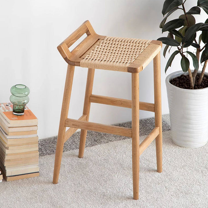 Traditional Japanese Red Oak Wood Hemp Rope Weaving Trapezoidal Bar Stool Backrest Armless For Dining Room