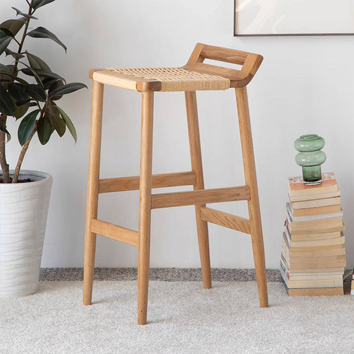 Traditional Japanese Red Oak Wood Hemp Rope Weaving Trapezoidal Bar Stool Backrest Armless For Dining Room