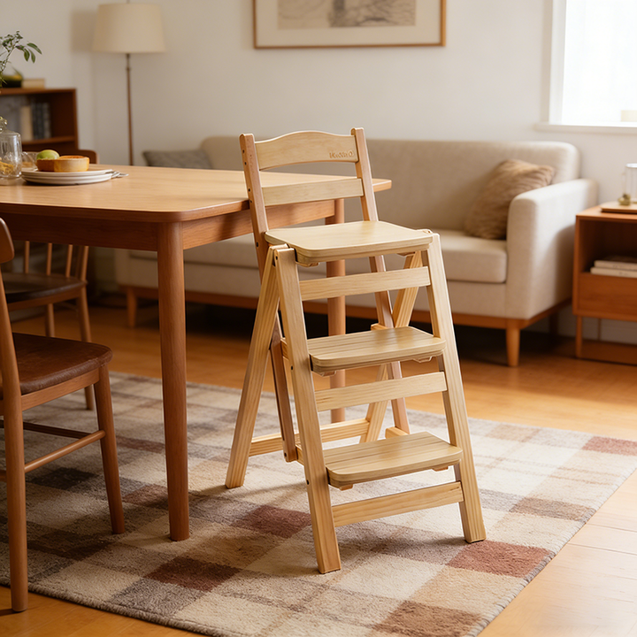 Tabouret de bar pliable à plusieurs marches en bois de pin, design minimaliste moderne, triangulaire, avec dossier, pour salle à manger 