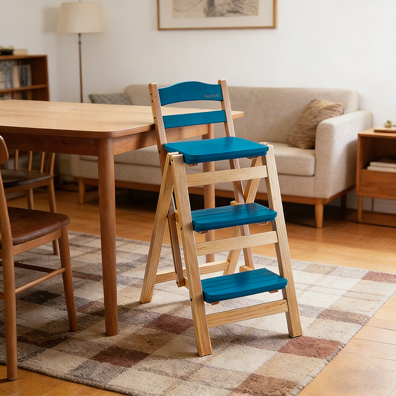 Tabouret de bar pliable à plusieurs marches en bois de pin, design minimaliste moderne, triangulaire, avec dossier, pour salle à manger 