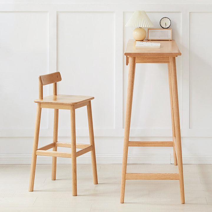 Traditional Japanese Oak Wood Trapezoidal Bar Stool Backrest Footrest For Living Room & Dining Room