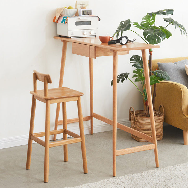 Traditional Japanese Oak Wood Trapezoidal Bar Stool Backrest Footrest For Living Room & Dining Room