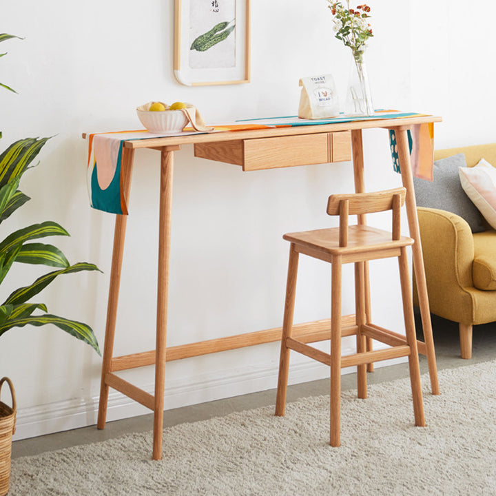 Traditional Japanese Oak Wood Trapezoidal Bar Stool Backrest Footrest For Living Room & Dining Room